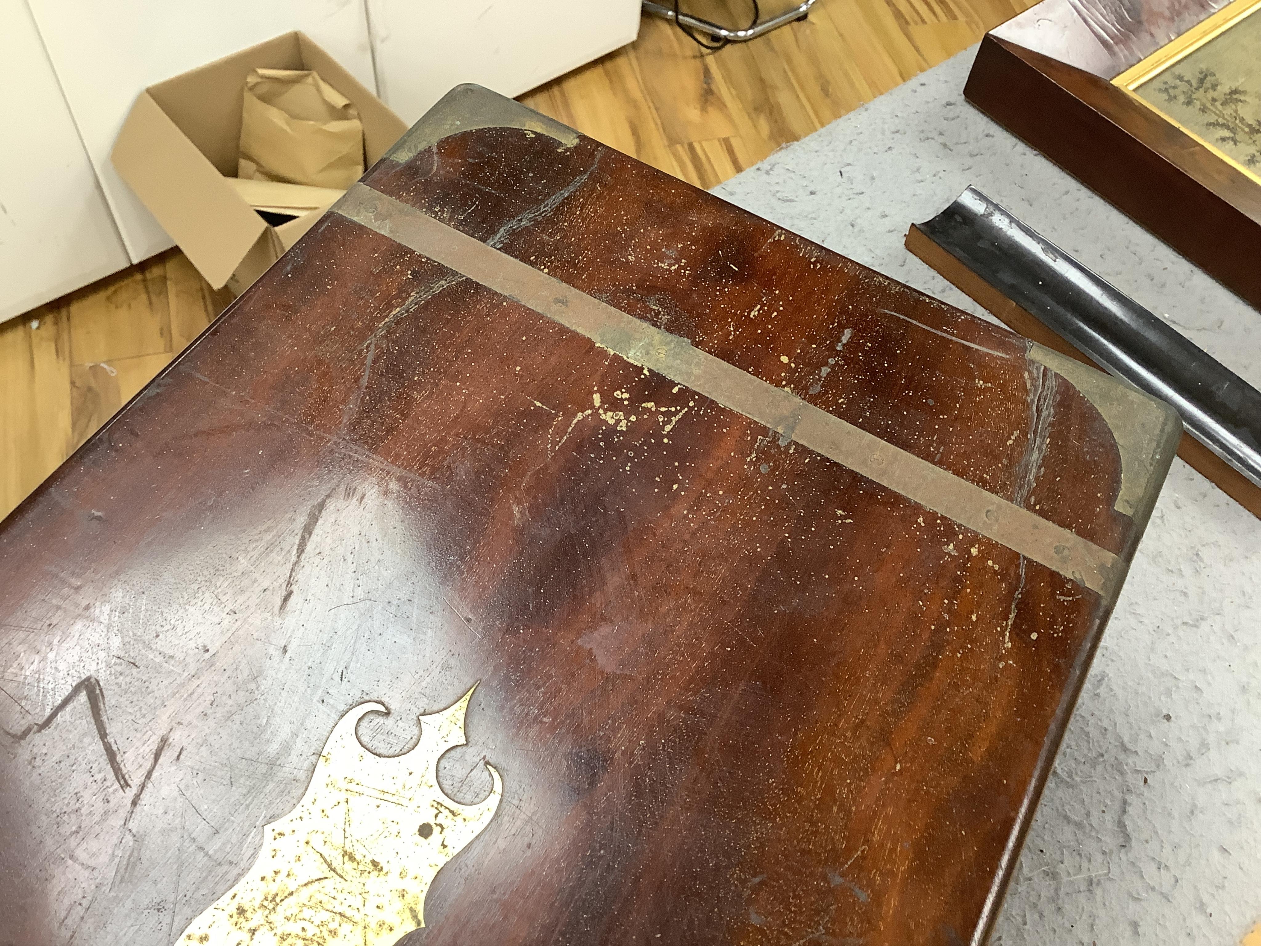 A Victorian brass bound mahogany writing slope, 50.5cm wide. Condition - poor